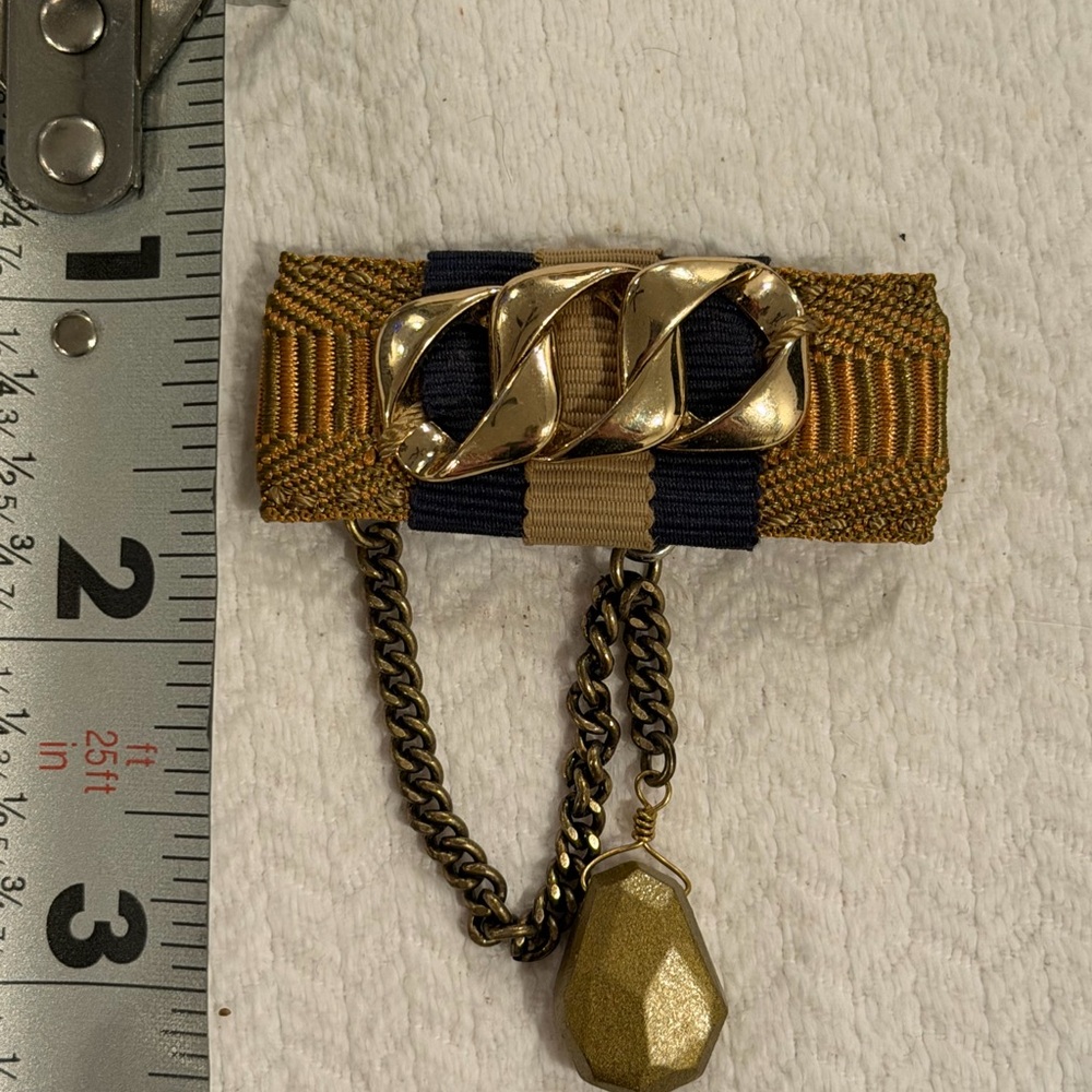 Gold and Navy Brooch with Chain Accent - costume